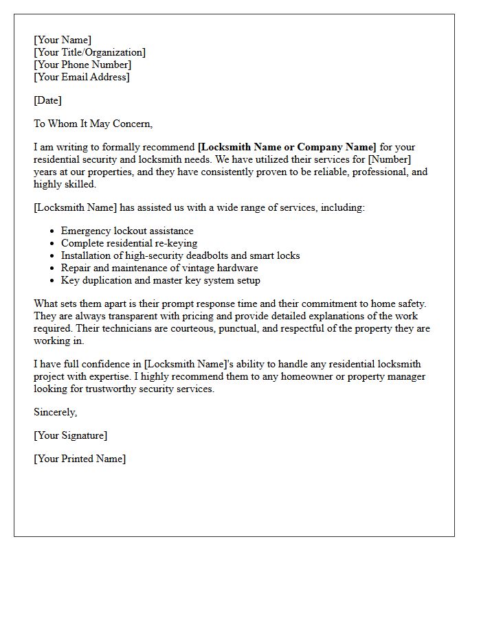 Residential Locksmith Vendor Recommendation Letter