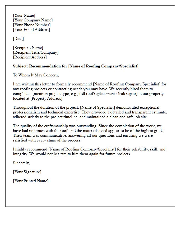 Roofing Specialist Vendor Recommendation Letter