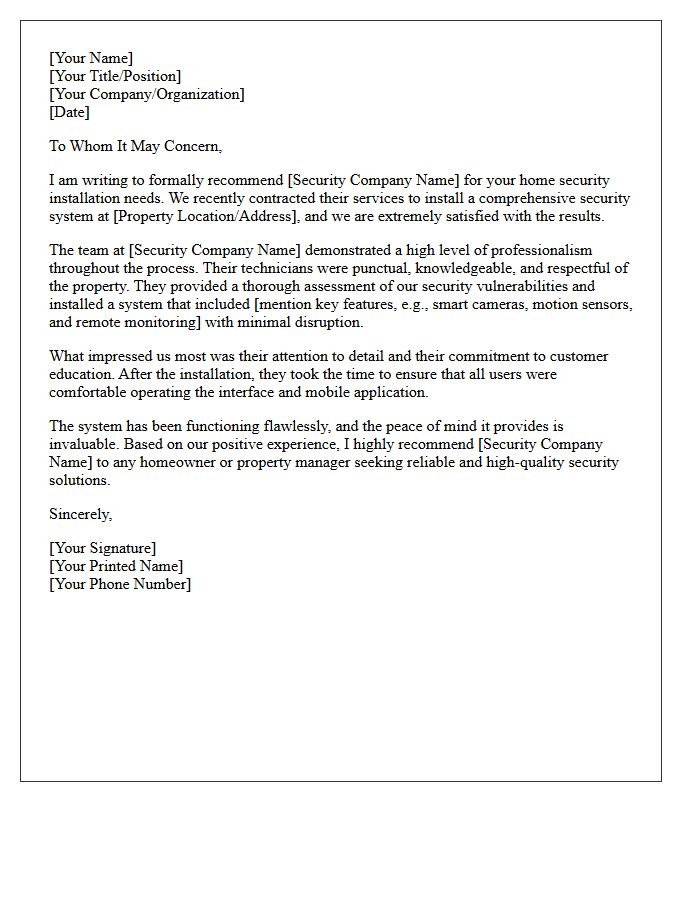 Home Security Installation Vendor Recommendation Letter