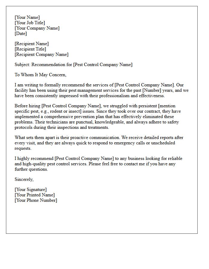 Pest Control Services Vendor Recommendation Letter