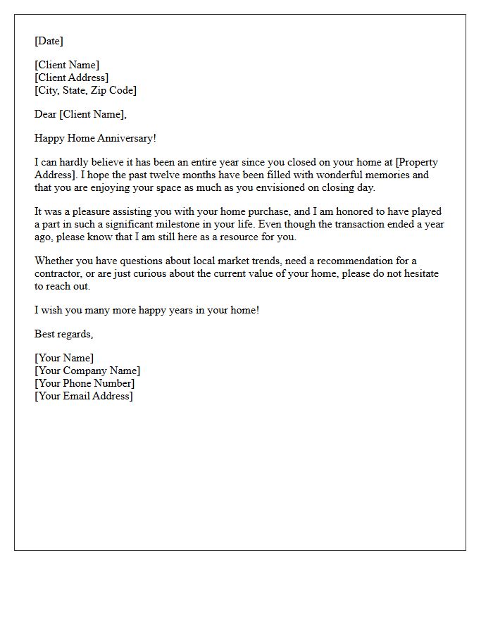 First Home Anniversary Closing Letter