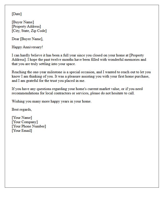 Buyer First Home Anniversary Congratulatory Letter