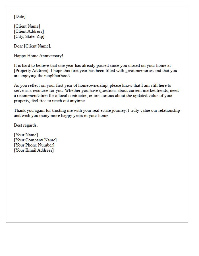 One Year Homeowner Anniversary Closing Letter