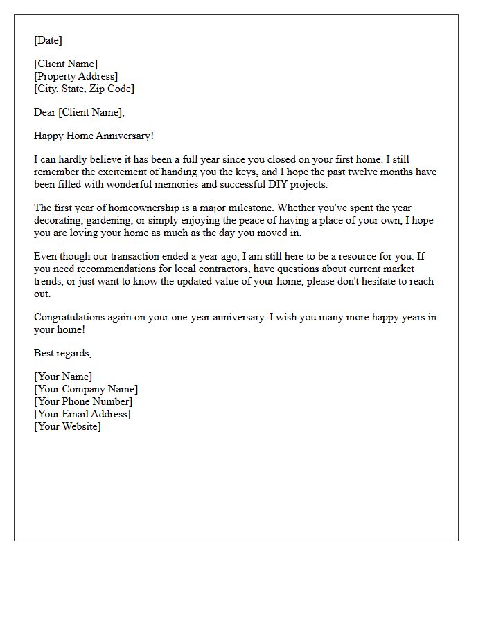 Real Estate First Home Anniversary Follow-Up Letter