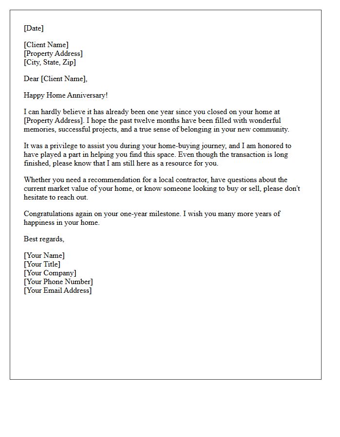 First Year Home Anniversary Closing Letter