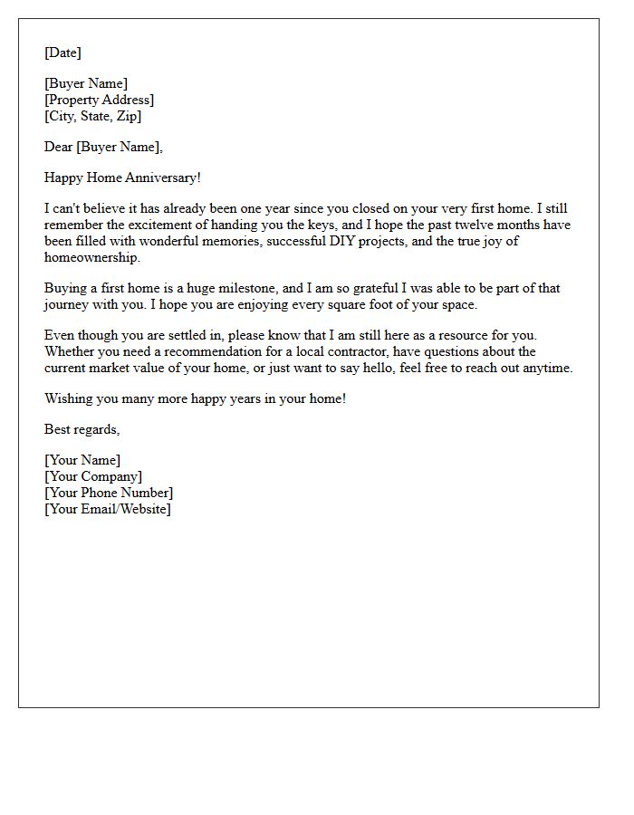 Buyer First Home Closing Anniversary Letter