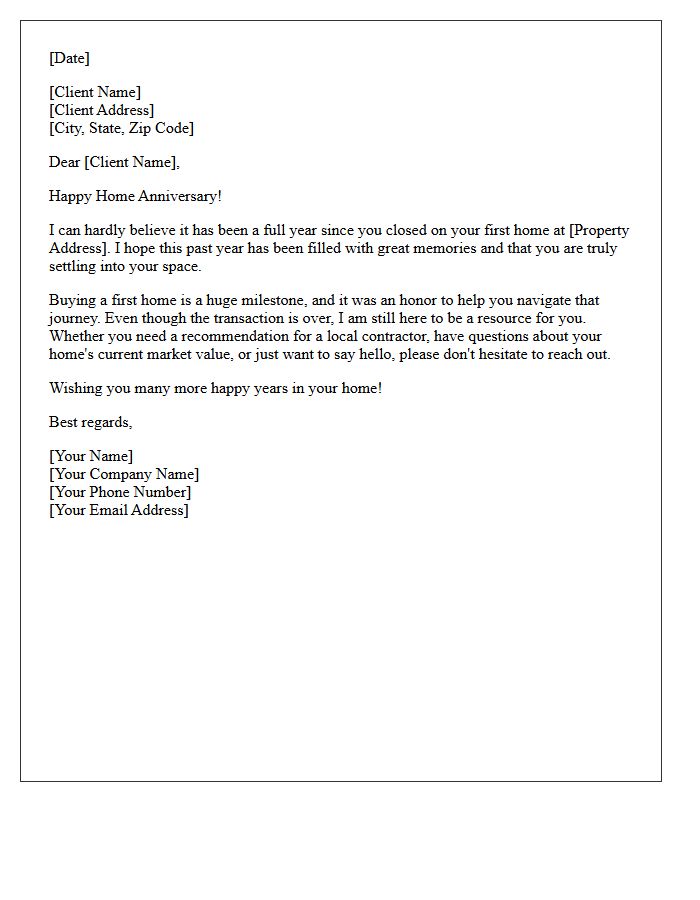 First Home Purchase Anniversary Closing Letter