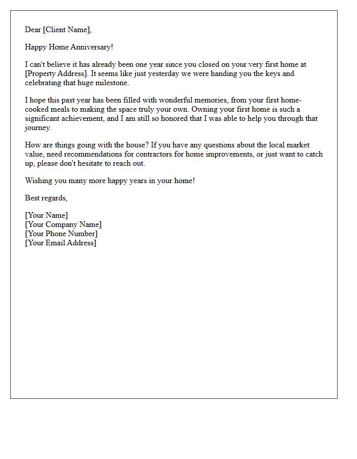 One Year Since Closing First Home Letter