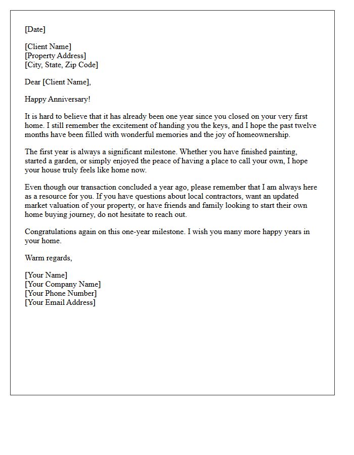 First Home Milestone Anniversary Closing Letter