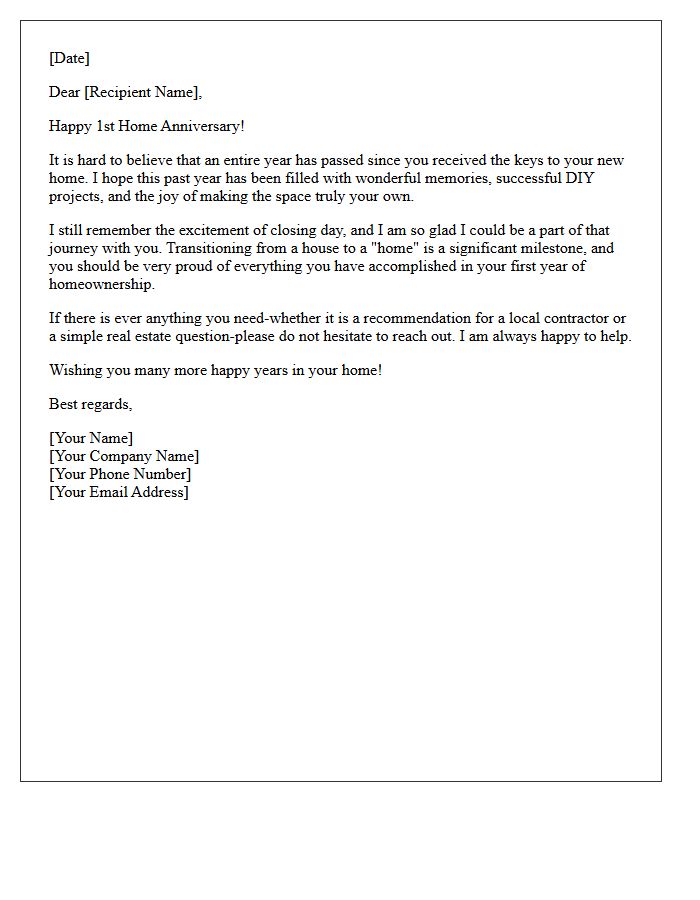 Happy First Year Homeowner Anniversary Letter