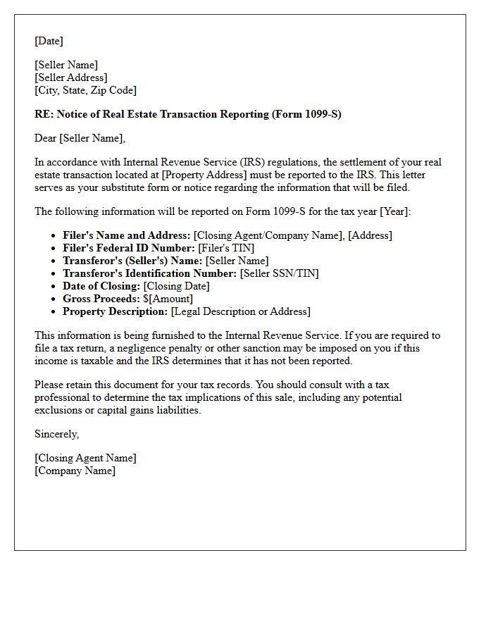 Form 1099-S Seller Tax Reporting Letter
