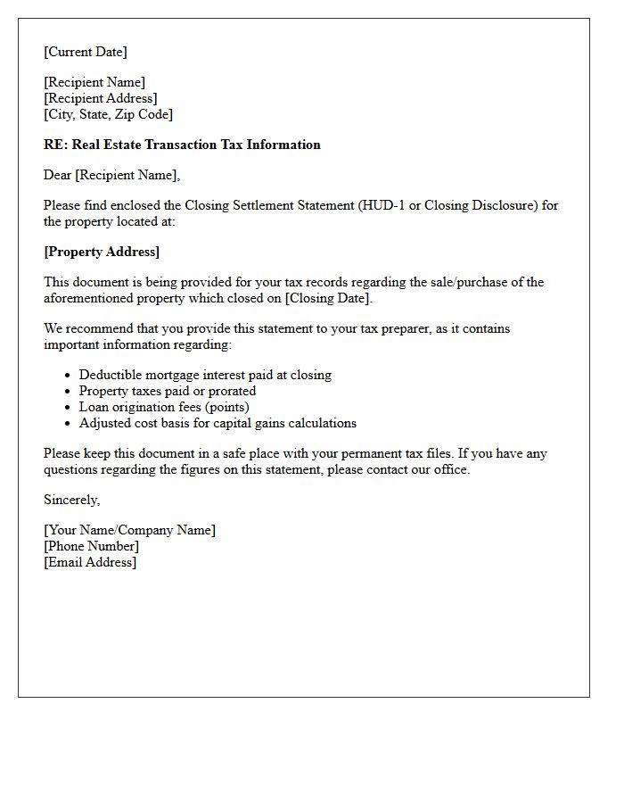 Closing Settlement Statement Tax Cover Letter
