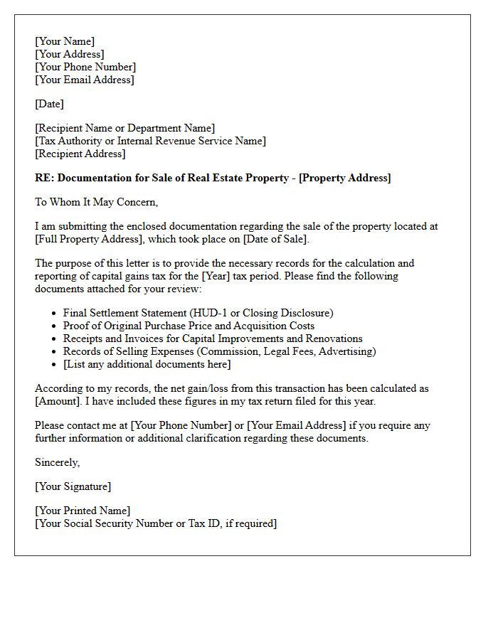 Property Sale Tax Documentation Cover Letter