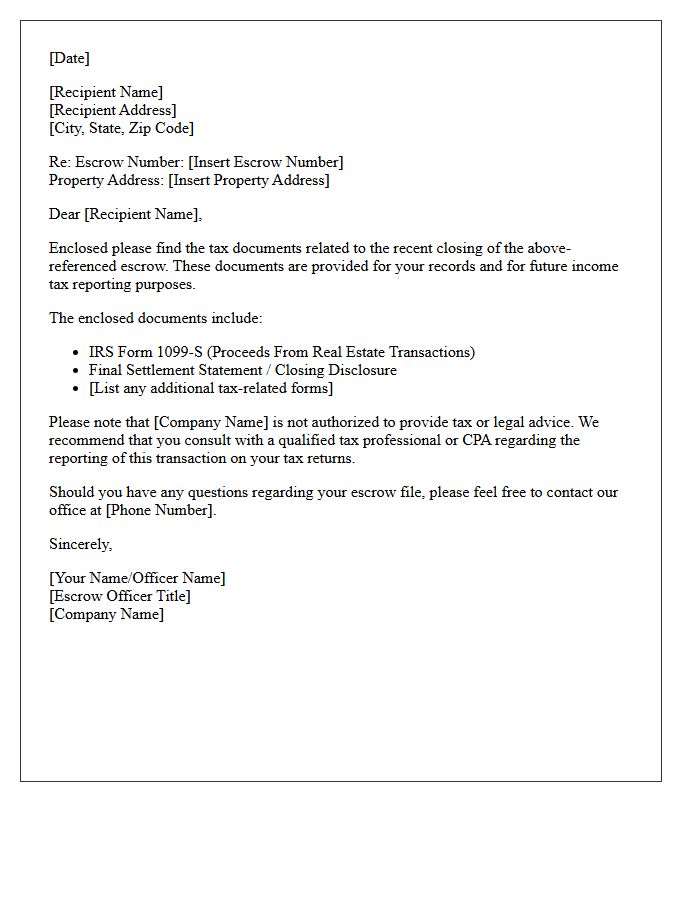 Escrow Closing Tax Document Transmittal Letter
