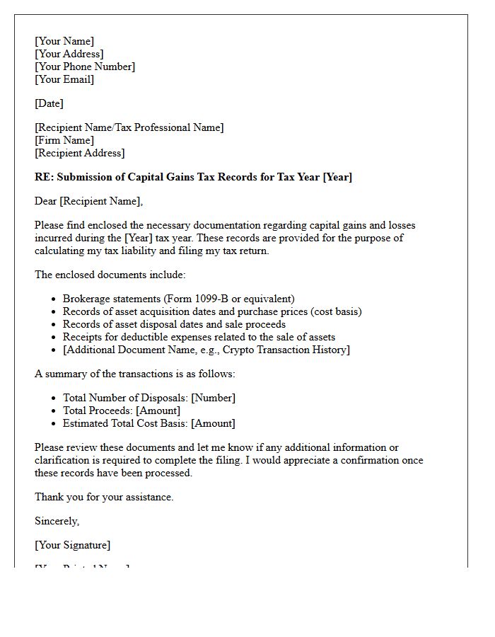 Capital Gains Tax Record Enclosure Letter