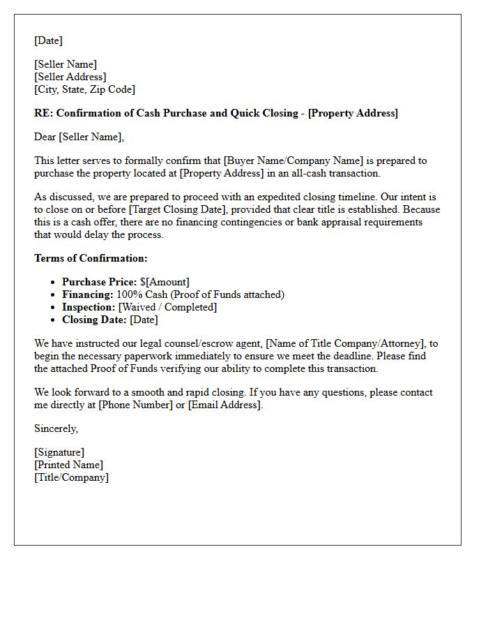 Cash Buyer Quick Closing Confirmation Letter