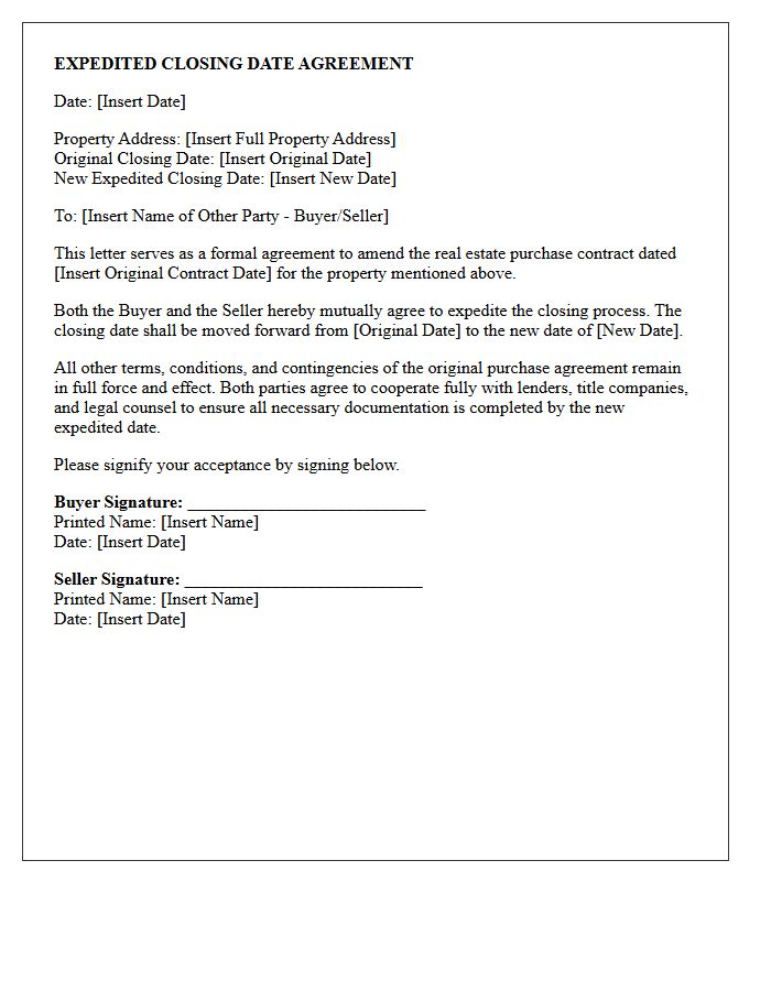 Expedited Closing Date Agreement Letter
