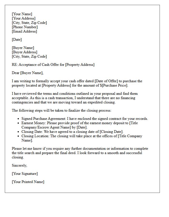 Cash Offer Acceptance and Closing Letter