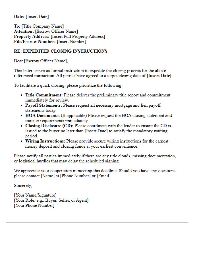 Title Company Quick Closing Instructions Letter