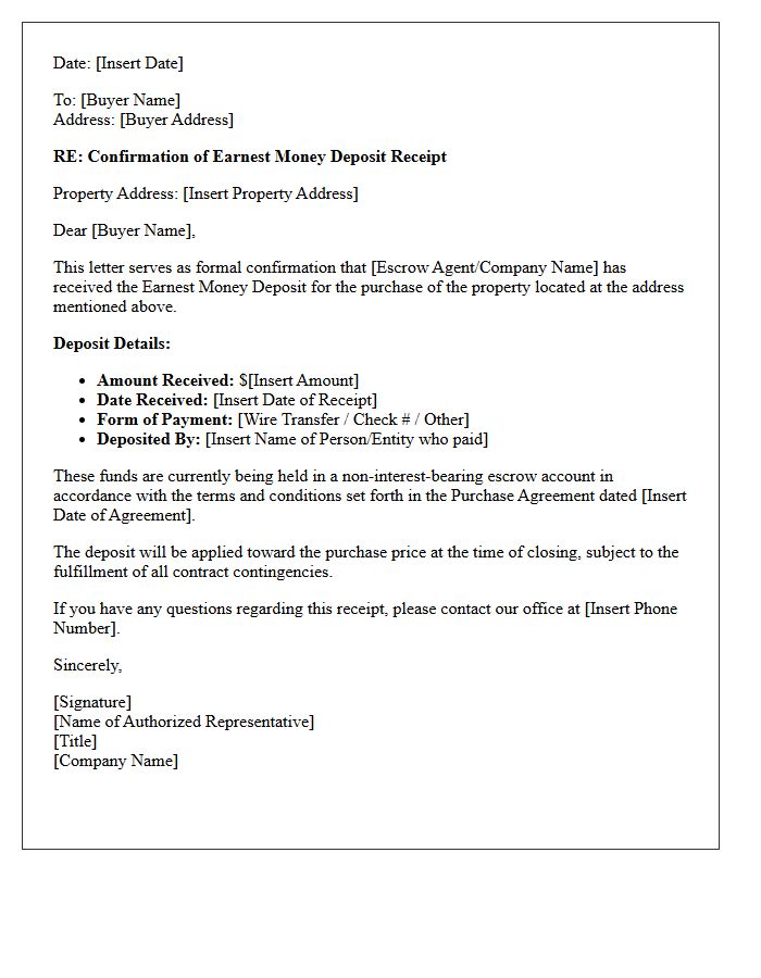 Earnest Money Deposit Confirmation Letter