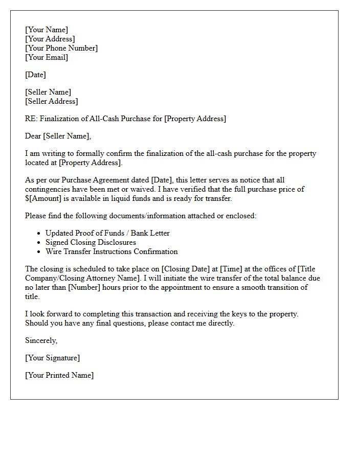 All Cash Purchase Finalization Letter