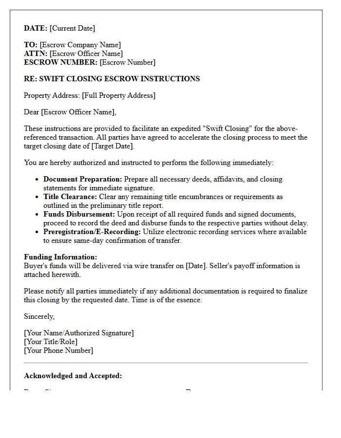 Swift Closing Escrow Instructions Letter