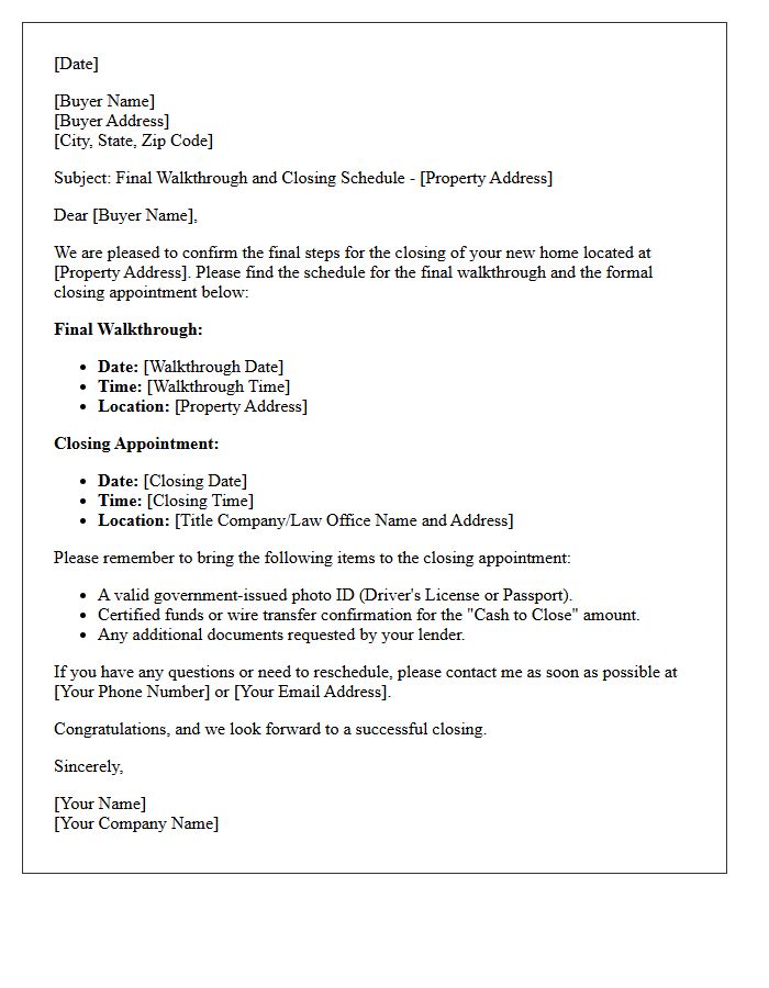 Final Walkthrough and Closing Schedule Letter