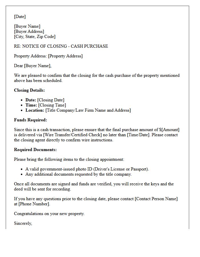 Real Estate Cash Sale Closing Letter