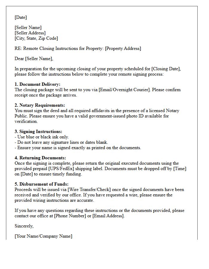 Seller Remote Closing Instructions Letter