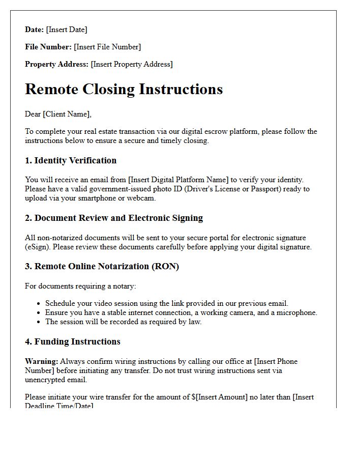 Digital Escrow Remote Closing Instructions Letter