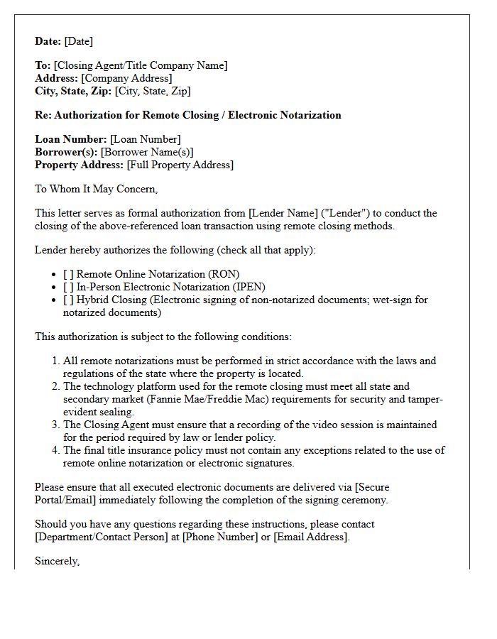 Lender Remote Closing Authorization Letter