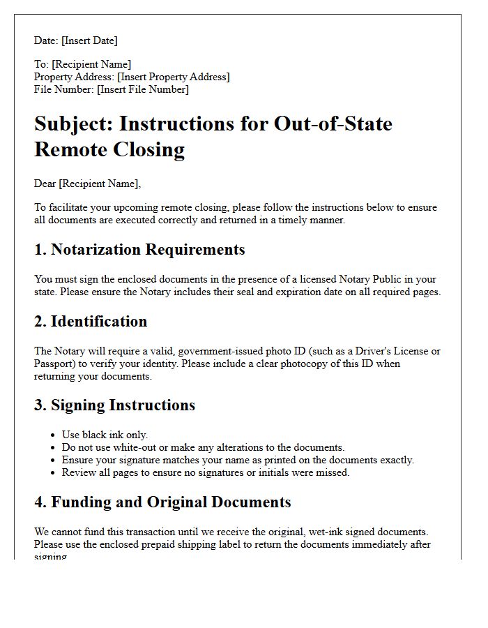 Out-Of-State Remote Closing Instructions Letter