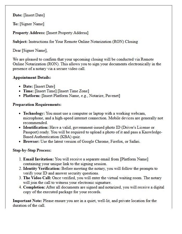 Remote Video Notarization Closing Instructions Letter