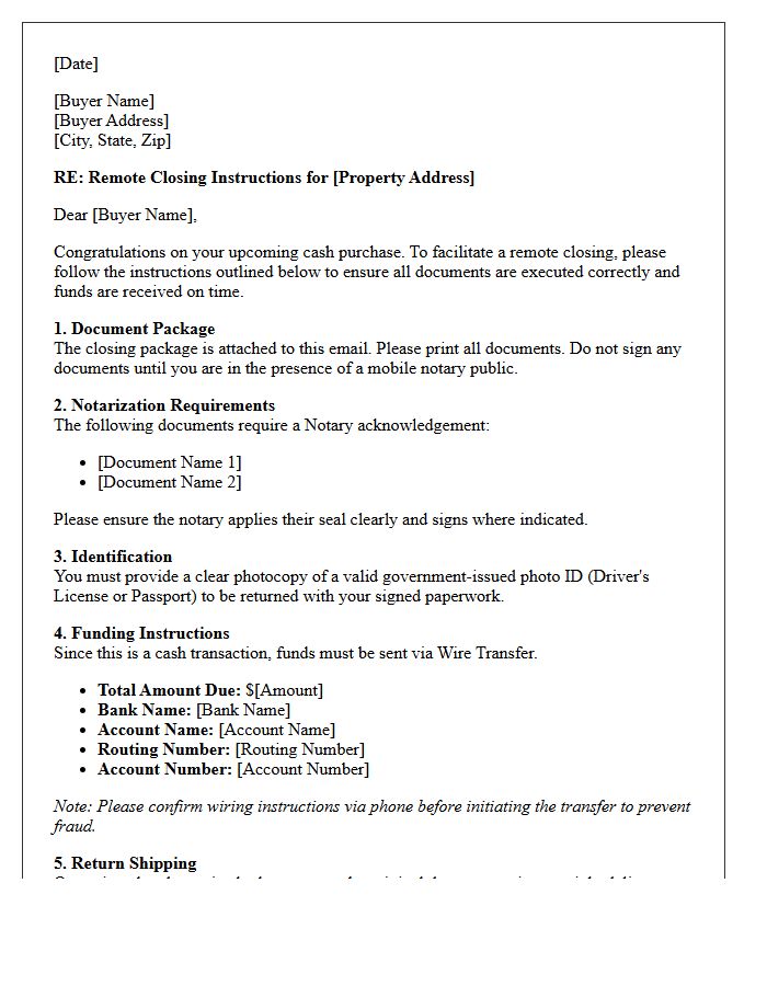 Cash Buyer Remote Closing Instructions Letter