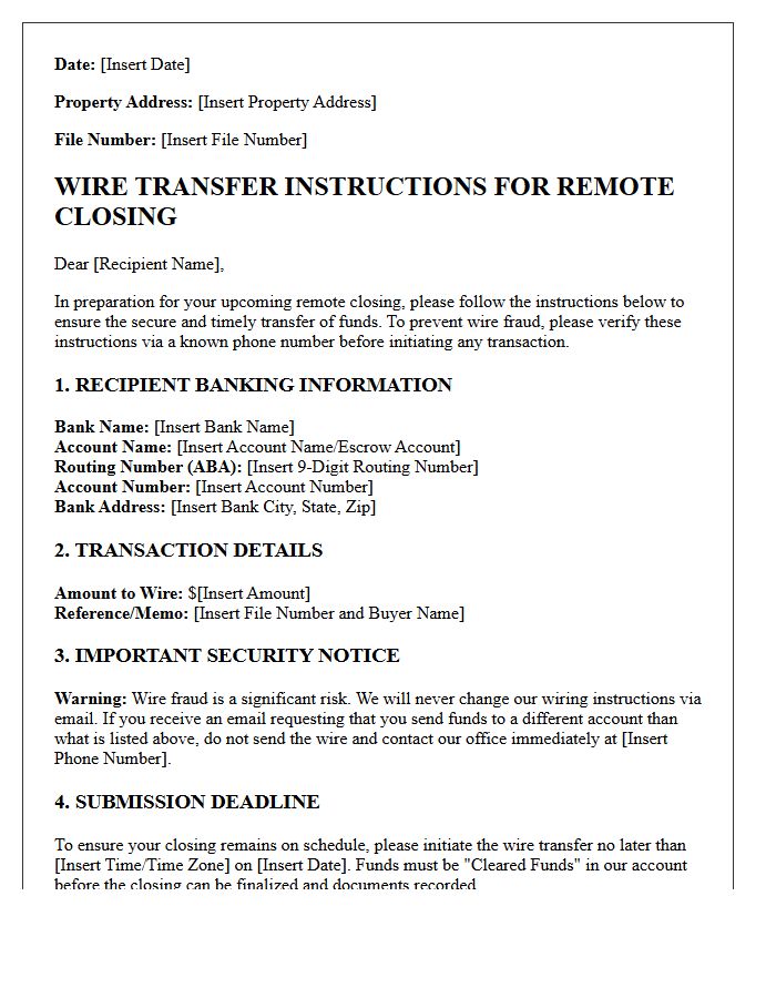 Wire Transfer Remote Closing Instructions Letter