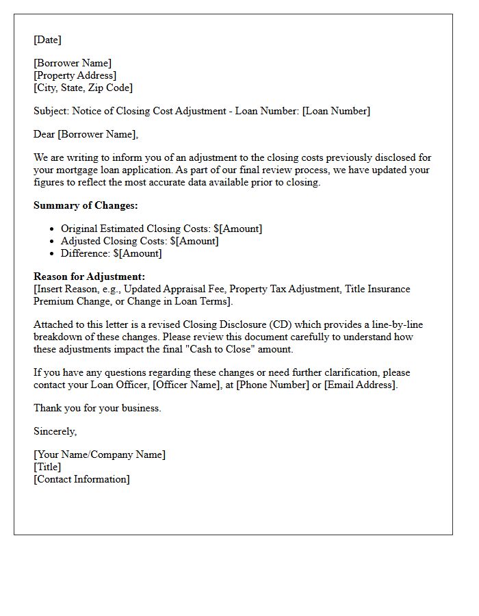 Notice of Closing Cost Adjustment Letter