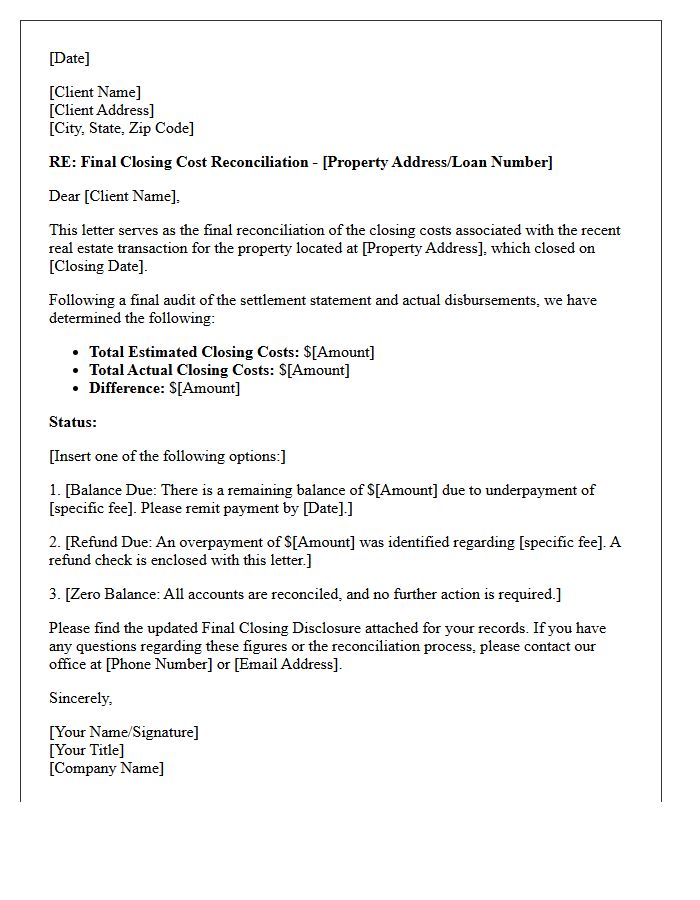 Final Closing Cost Reconciliation Letter