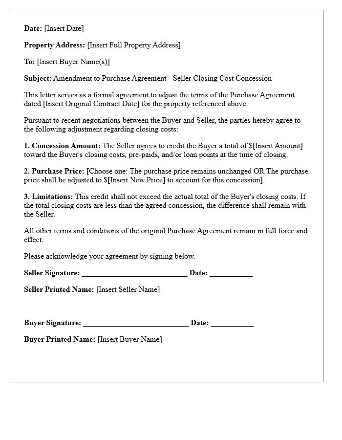 Seller Closing Cost Concession Adjustment Letter