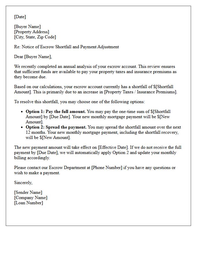 Buyer Escrow Shortfall Adjustment Letter