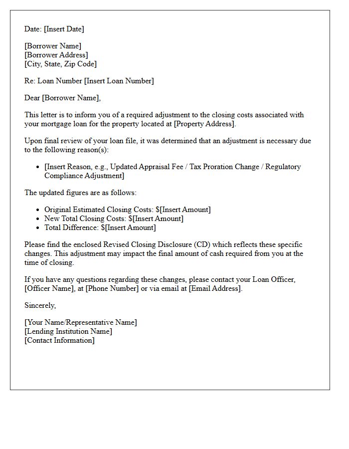 Lender Required Closing Cost Adjustment Letter