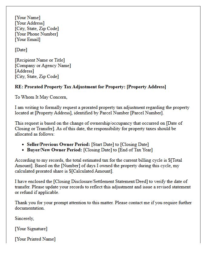 Prorated Property Tax Adjustment Letter