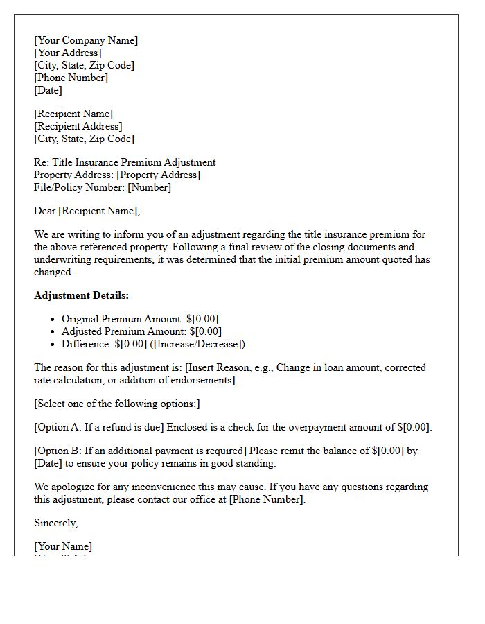 Title Insurance Premium Adjustment Letter