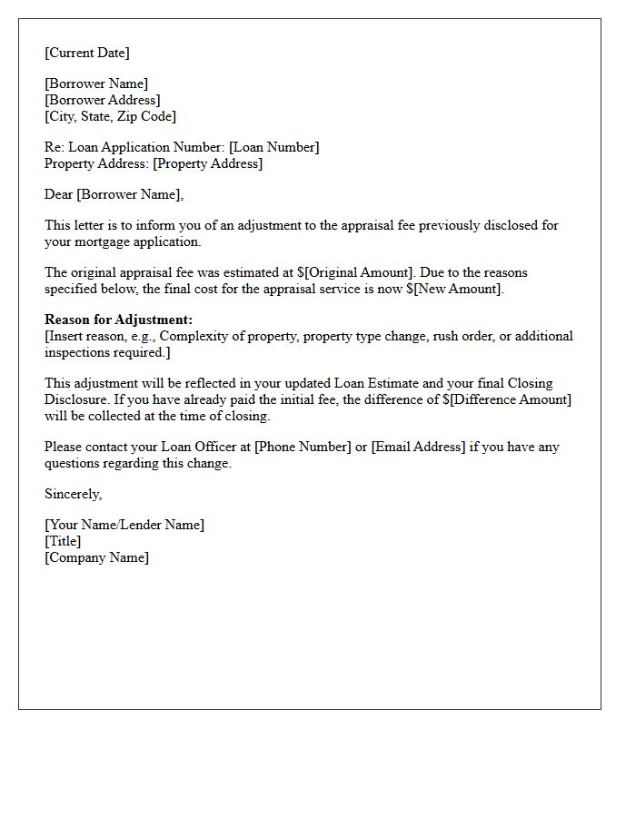 Appraisal Fee Adjustment Notification Letter