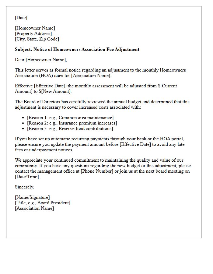 Homeowners Association Fee Adjustment Letter