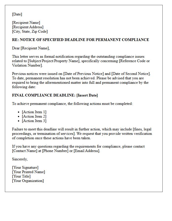 Specified Deadline for Permanent Compliance