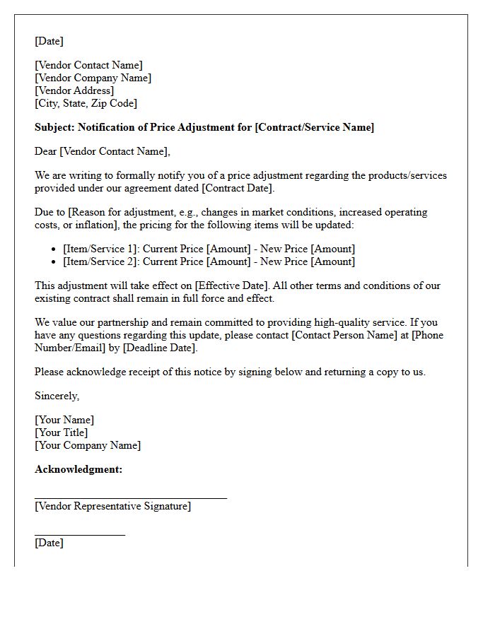 Third-Party Vendor Cost Adjustment Letter