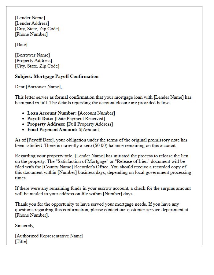 Standard Mortgage Payoff Confirmation Letter