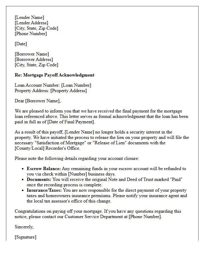 Lender Mortgage Payoff Acknowledgment Letter