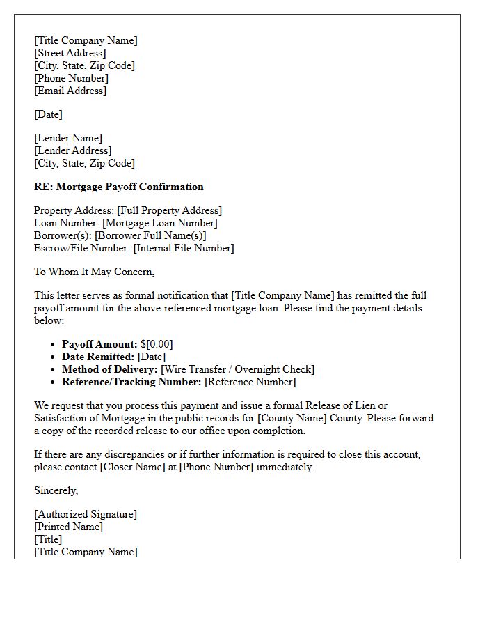 Title Company Mortgage Payoff Confirmation Letter
