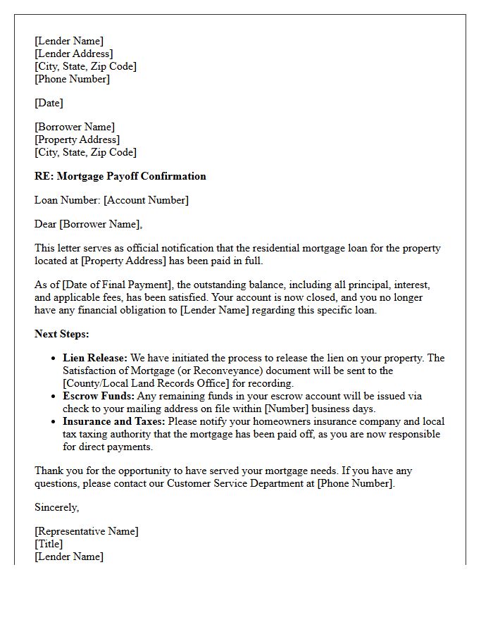Residential Mortgage Payoff Confirmation Letter